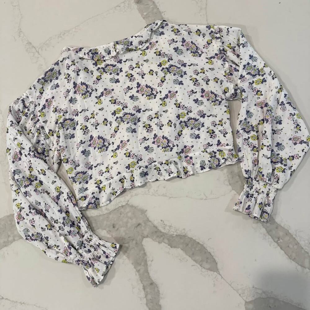 Free People Secret Garden CropTop Ruffled VNeck Womens Small White/Purple Floral - Picture 7 of 9